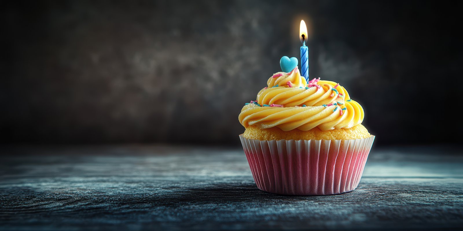 Celebratory cupcake with colorful frosting and a candle placed on a rustic wooden table